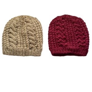New acrylic knit beanies set of two in burgundy and mocha
